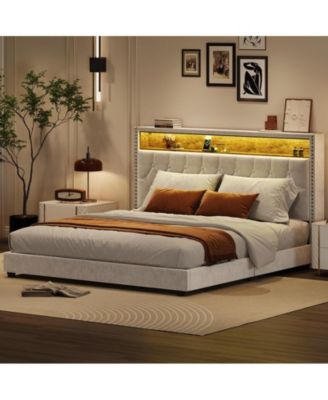 King Size Bed Frame with LED Lights and Charging Station, Velvet Upholstered Platform Bed Frame with Storage Headboard and Nailhead Trim Wingback, No Box Spring Needed/Wood Slats