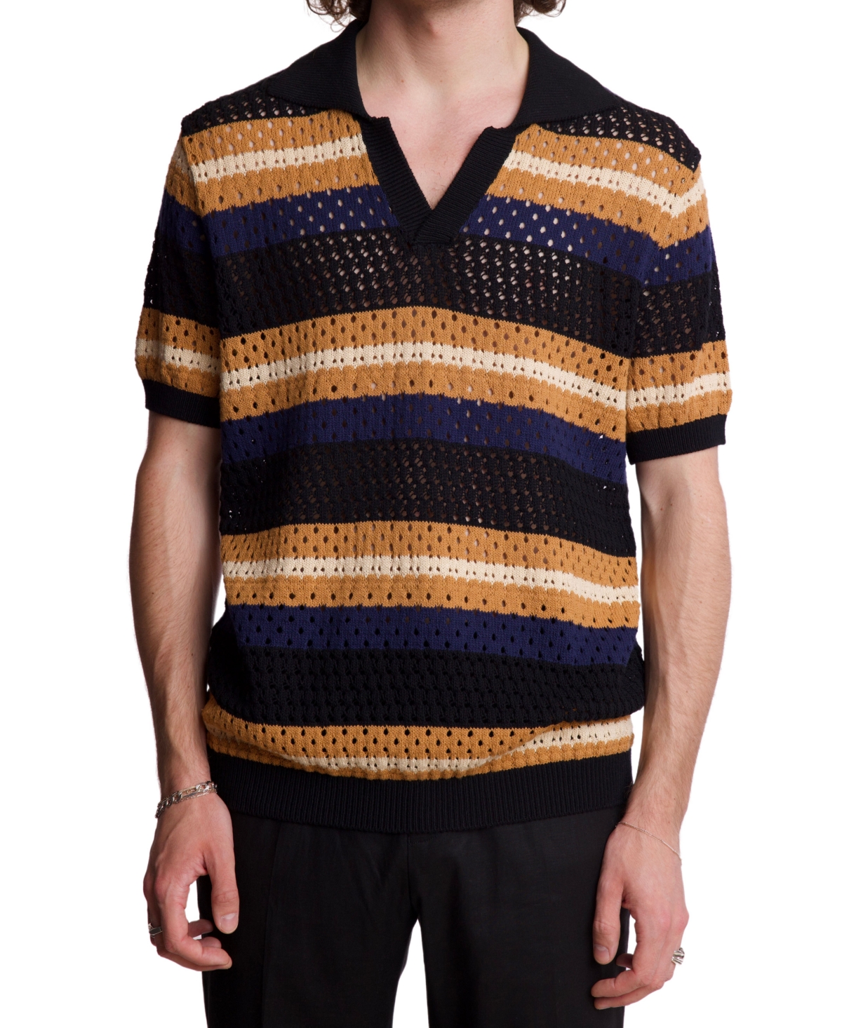 Men's Johnny Collar Stripe Polo Shirt - Midnight Black Camel