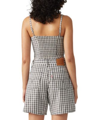 LEVI'S LEVIS PREMIUM WOMENS JADINE DENIM TANK HIGH RISE CHECK PRINT BAGGY SHORTS 