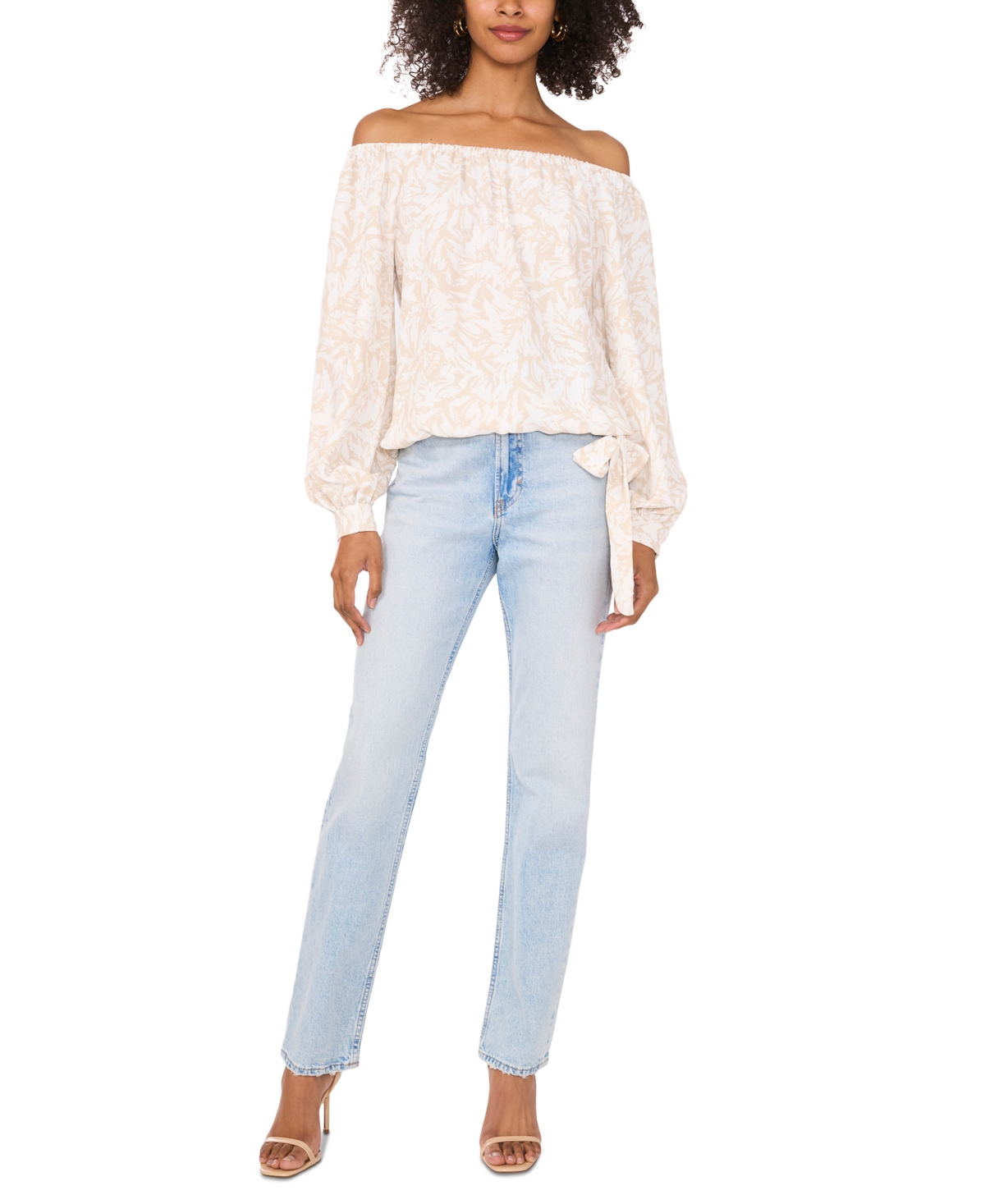 Shop Vince Camuto Women's Printed Off-the-shoulder Long-sleeve Tie-front Blouse In Natural Sand