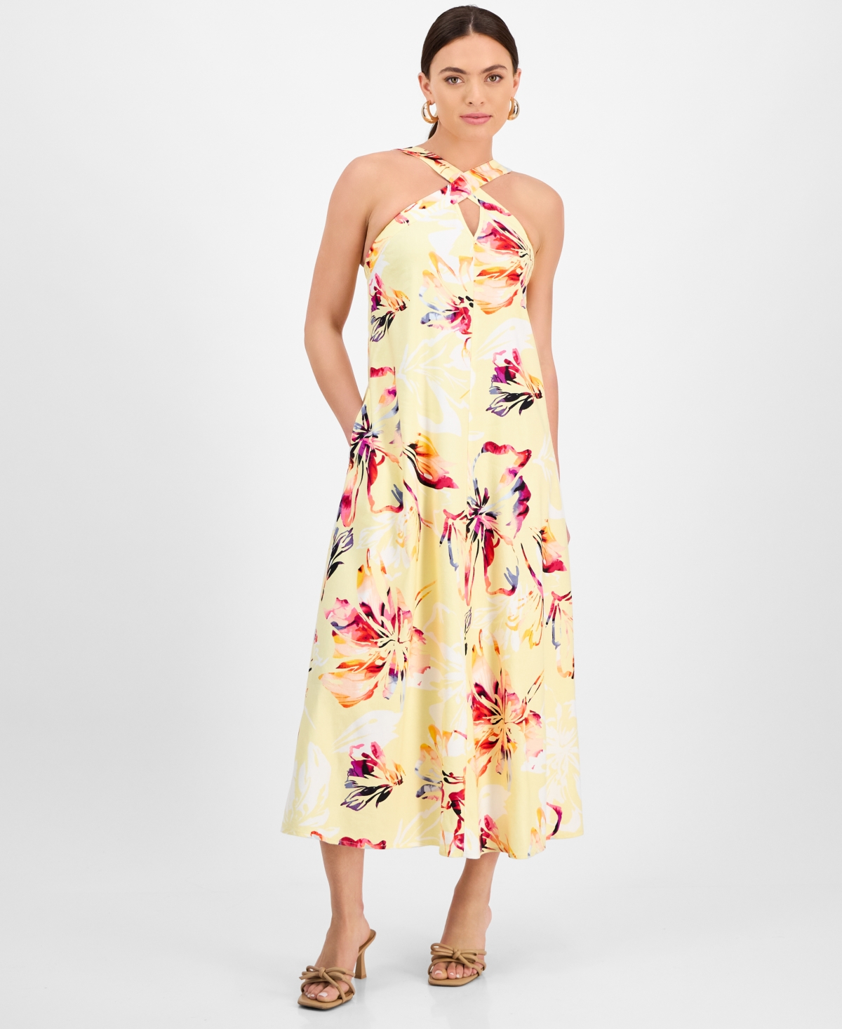 INC INTERNATIONAL CONCEPTS PETITE LINEN-BLEND FLORAL HALTER MAXI DRESS, EXCLUSIVELY AT MACY'S 