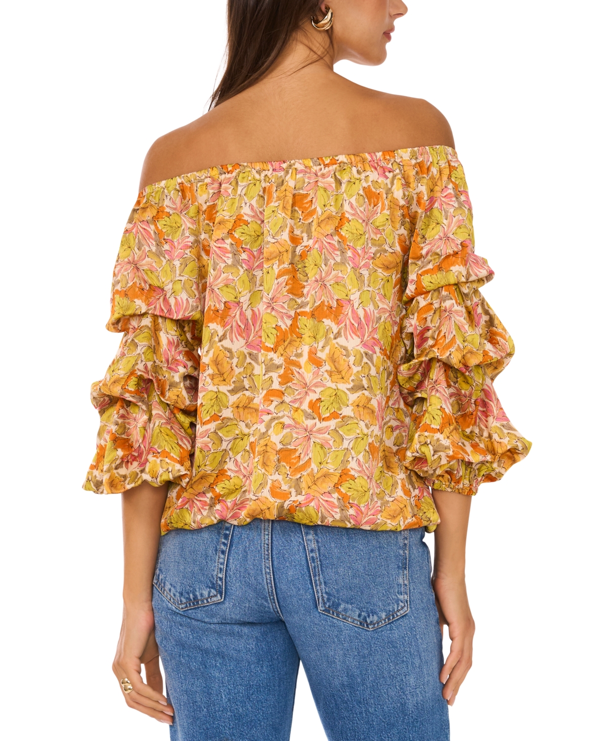 VINCE CAMUTO WOMEN'S PRINTED OFF-THE-SHOULDER BUBBLE 3/4-SLEEVE TIE-FRONT BLOUSE 