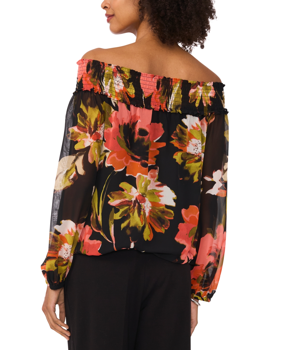 VINCE CAMUTO WOMEN'S FLORAL OFF-THE-SHOULDER LONG-SLEEVE TIE-FRONT BLOUSE 
