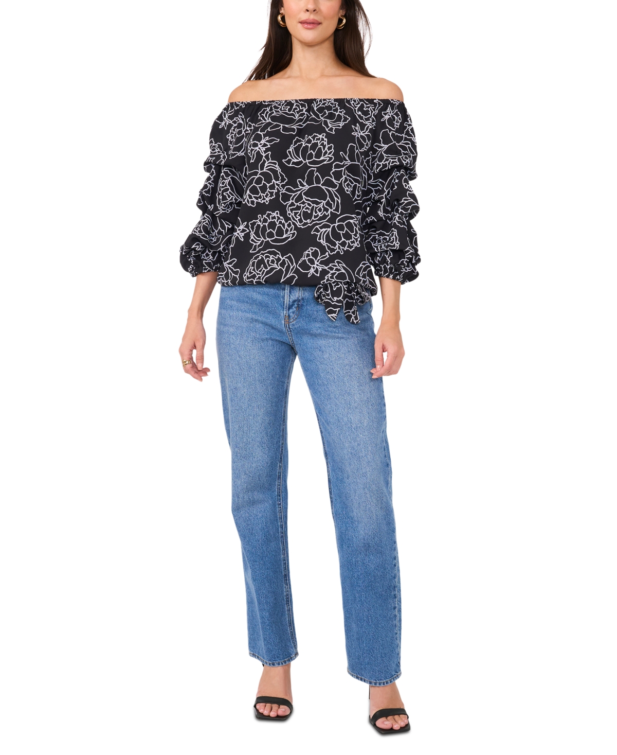 VINCE CAMUTO WOMEN'S FLORAL OFF-THE-SHOULDER BUBBLE 3/4-SLEEVE TIE-FRONT BLOUSE 