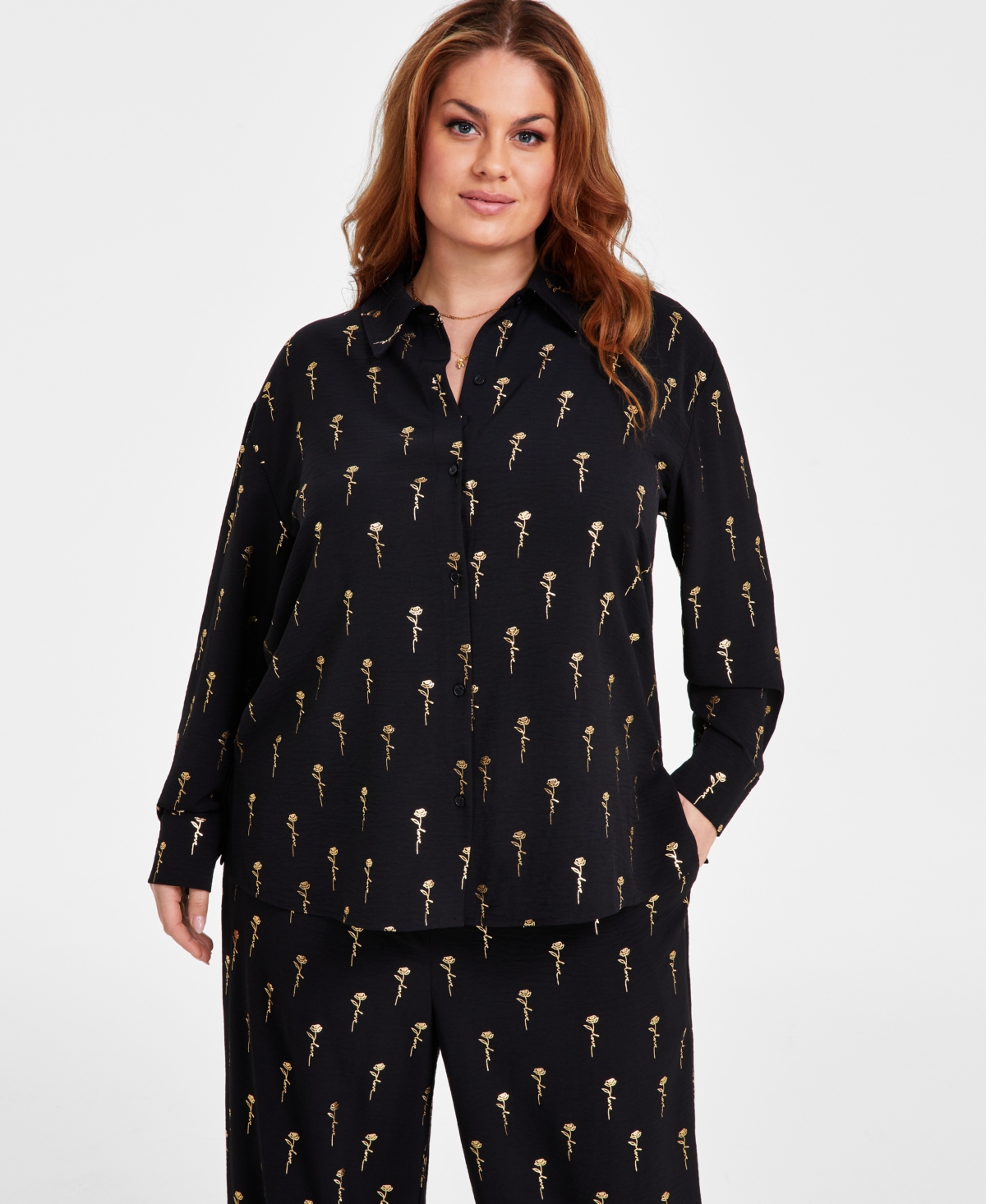 Plus Size Love-Script Metallic-Print Blouse - White Gold Foil Rose Print