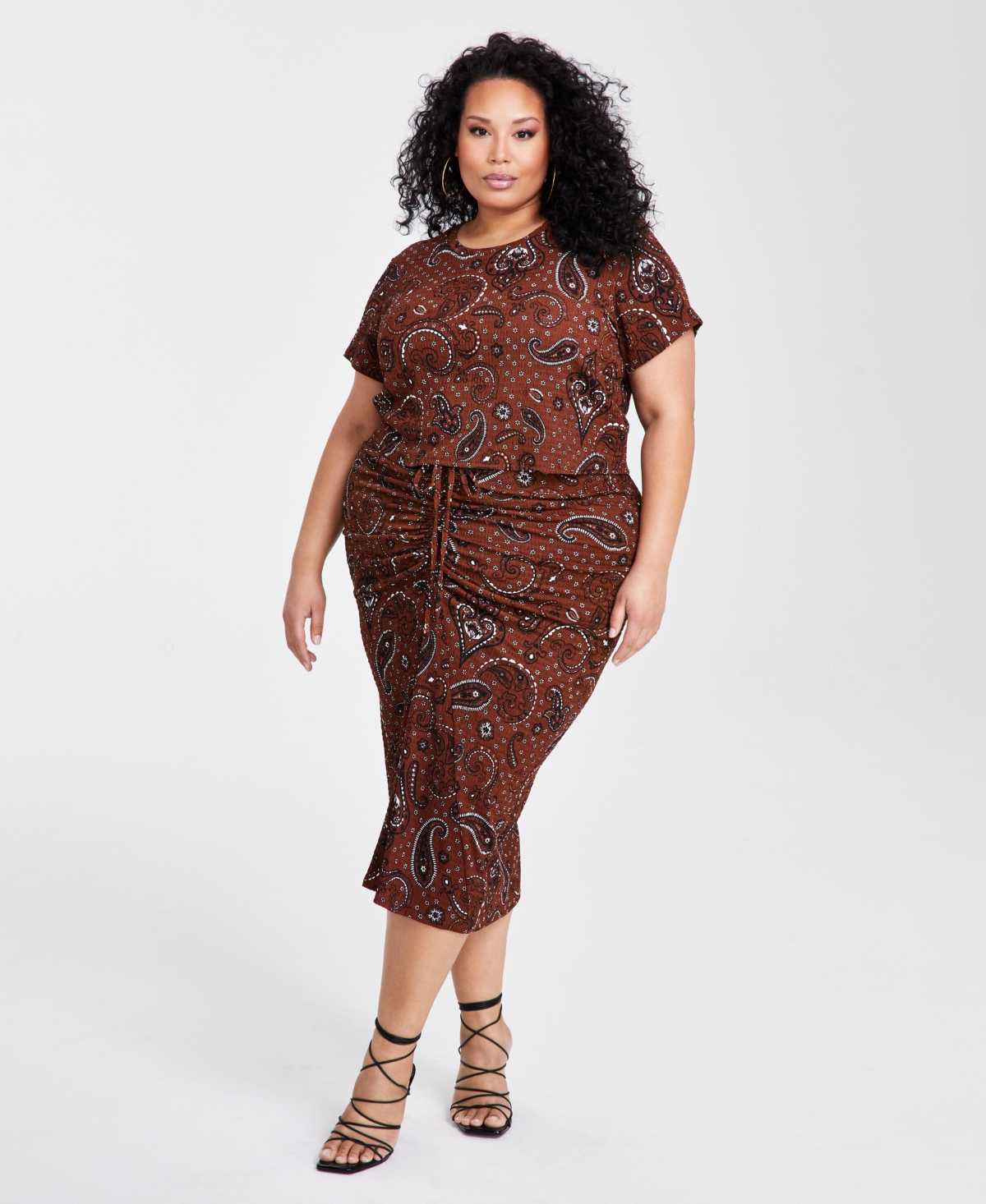 Nina Parker Plus Size Textured Paisley-print Drawstring-ruched Skirt In Burgundy