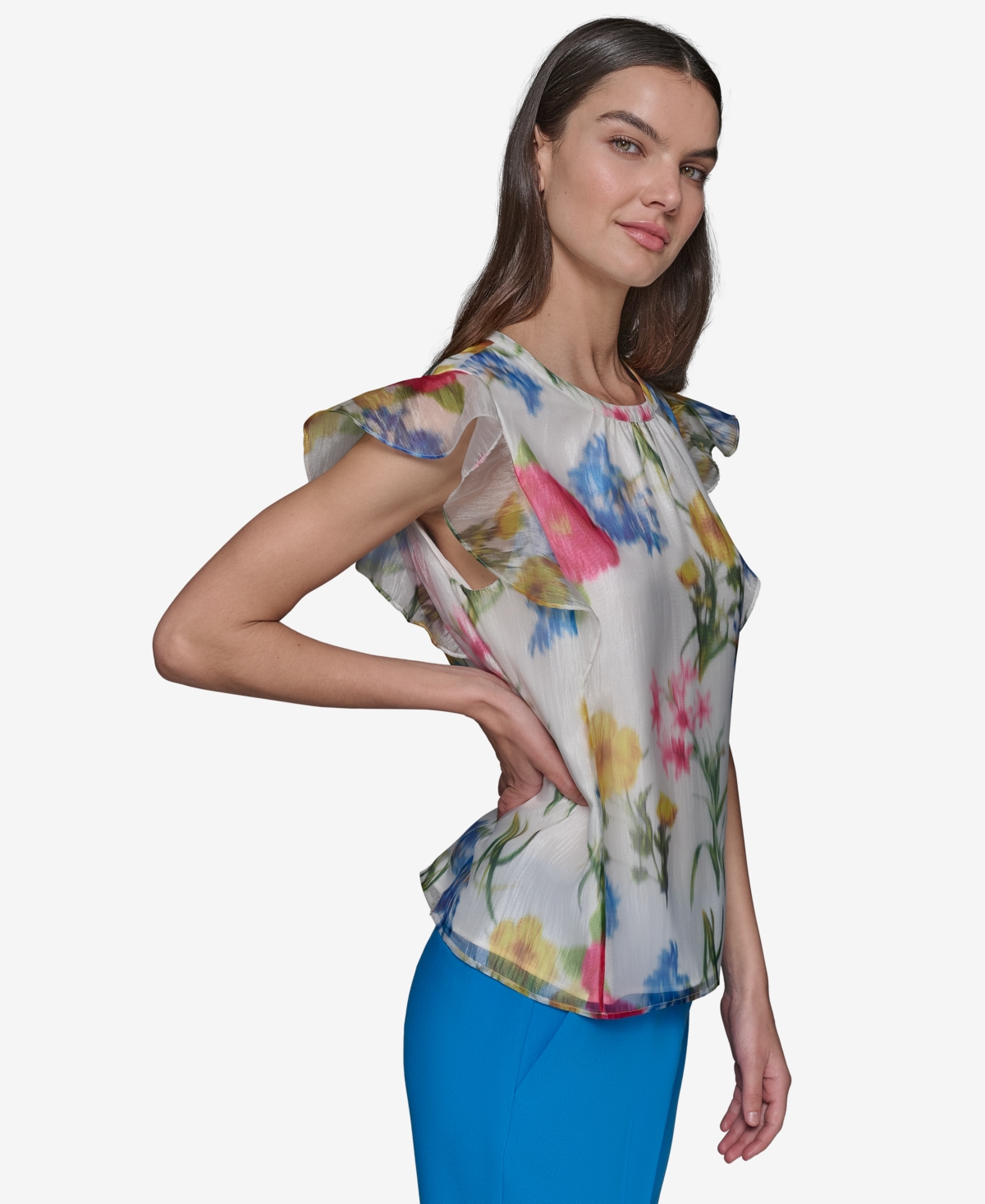 KARL LAGERFELD WOMEN'S FLORAL-PRINT FLUTTER-SLEEVE BLOUSE 