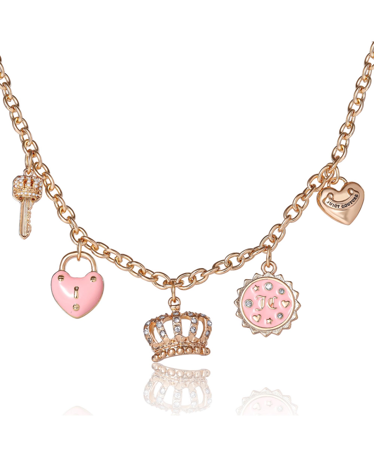 Gold-Tone Charm Necklace with Pink Enamel Accents and Crystal Details - Pink, gold tone