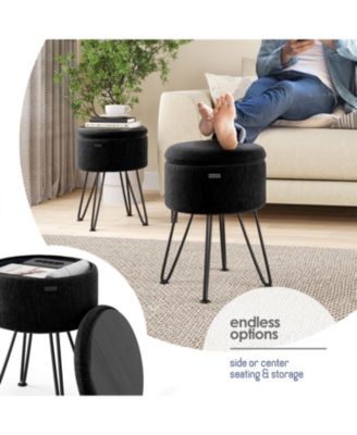 Textured Velvet Round Ottoman with Storage – Modern Foot Stool for Living Room & Bedroom