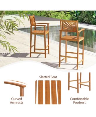 Set of 4 Outdoor Acacia Wood Bar Stools Bar Height Patio Chairs w/ Backrests