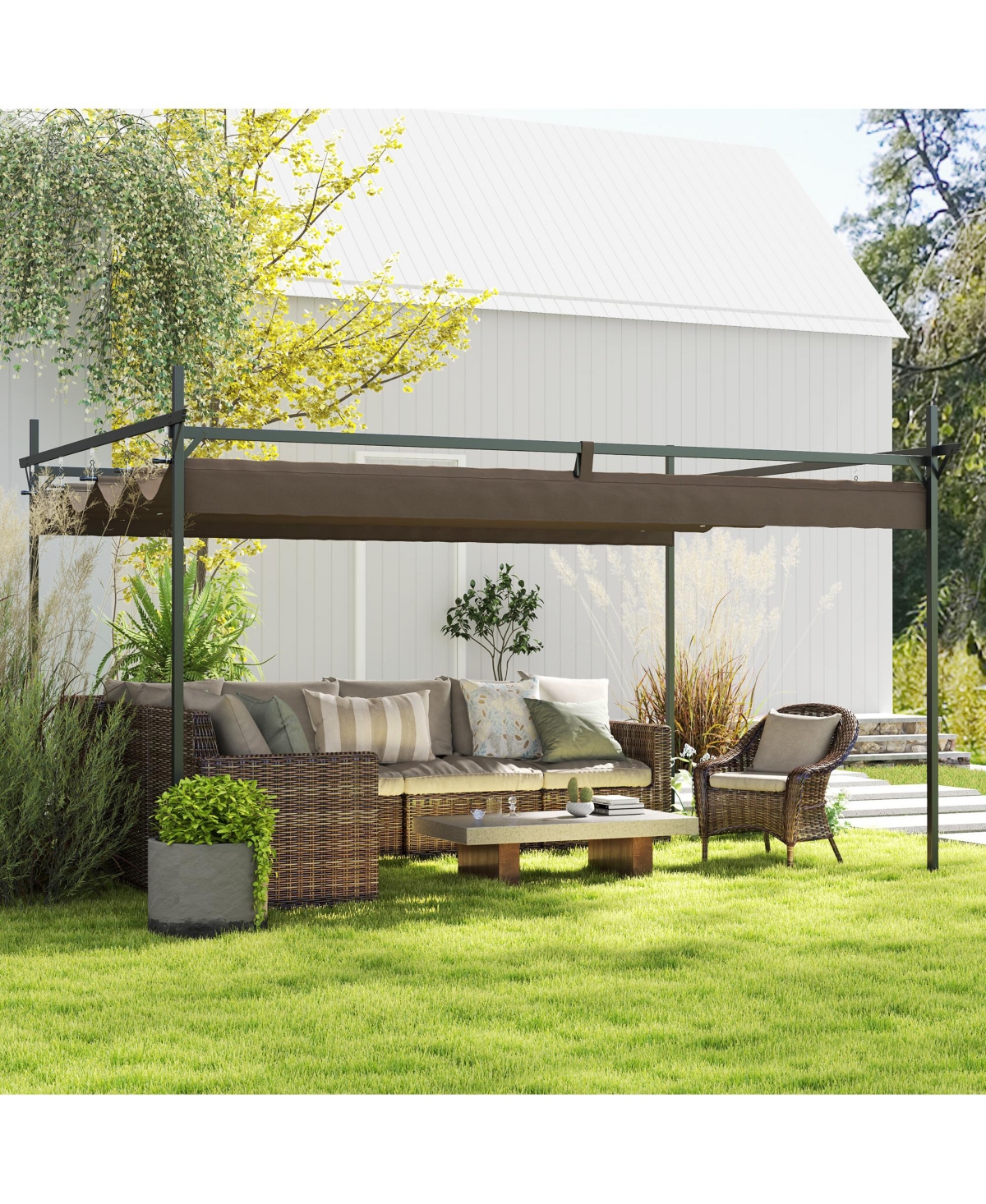 10' x 13' Metal Pergola with Retractable Canopy, - Brown