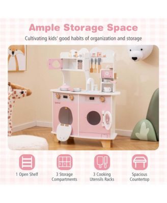 Wooden Kids Kitchen Playset Pretend Play Kitchen with Coffee Maker & Microwave