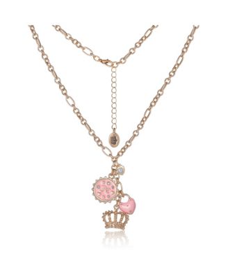 Gold-Tone Layered Charm Necklace with Pink Enamel Accents