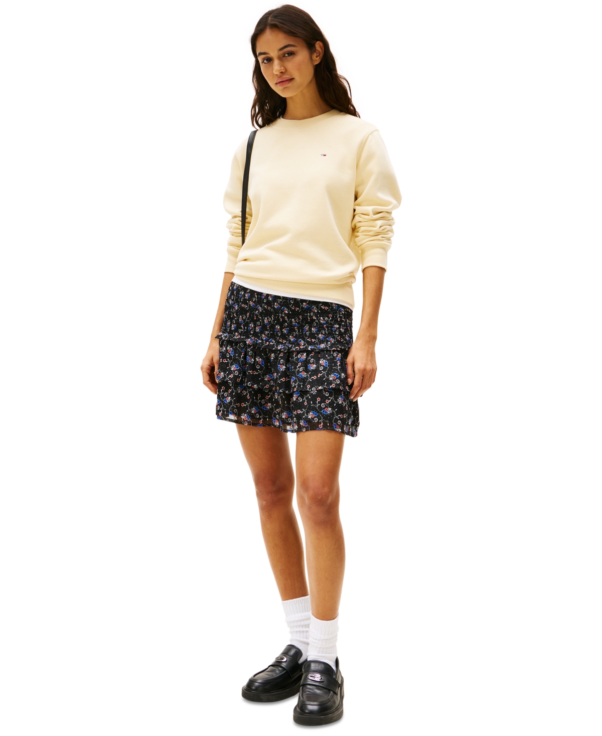 Tommy Jeans Women's Smocked Ruffled Floral-print Skirt In Black