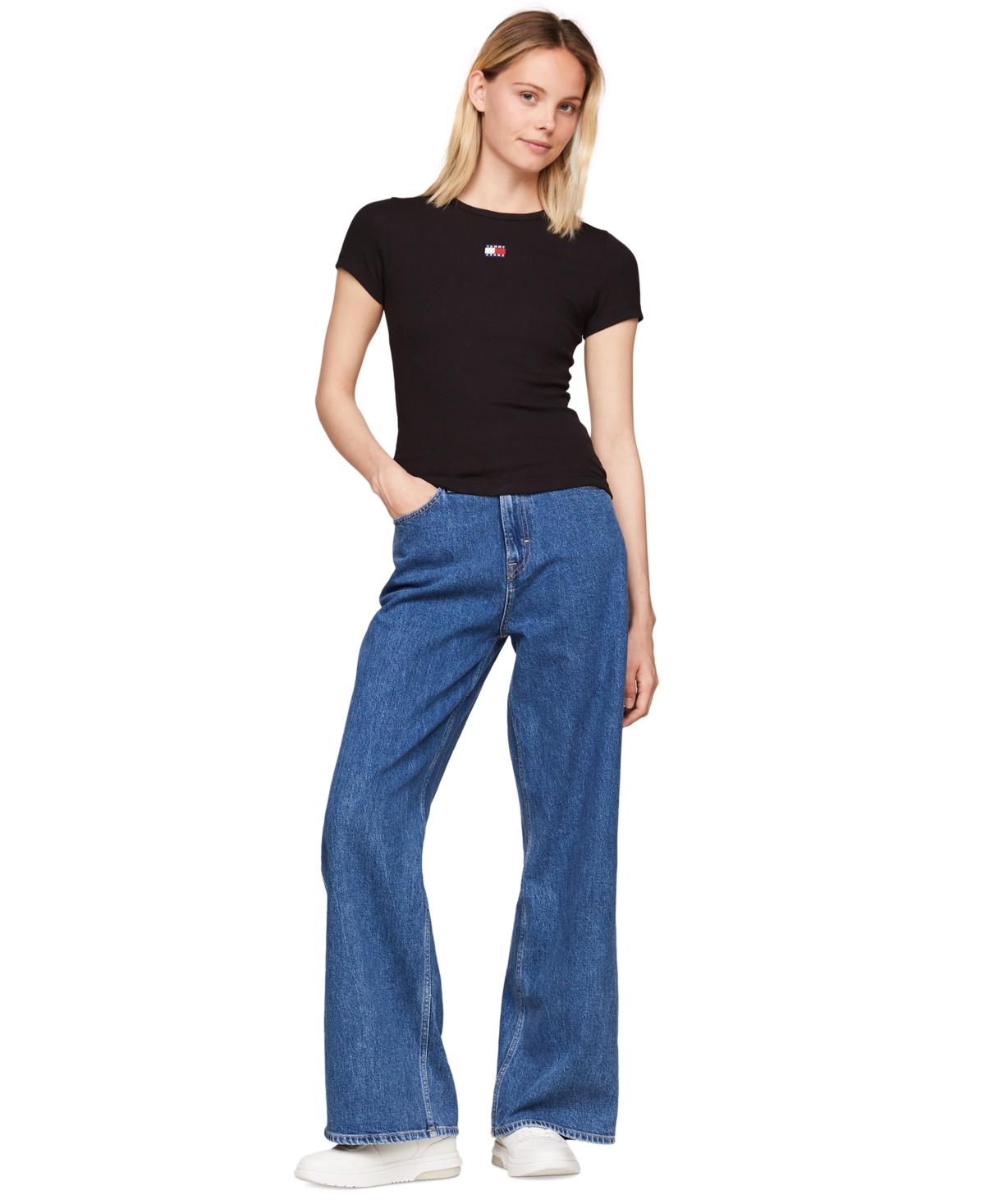 Shop Tommy Jeans Women's Badge Logo Ribbed T-shirt In Black