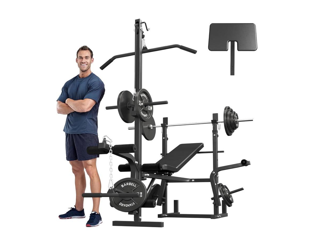 8 in 1 Olympic Weight Bench Set with Leg Extension and Leg Curl, Multi-Function Bench Press Set with Preacher Curl Pad and Chest Fly, Full-Bod