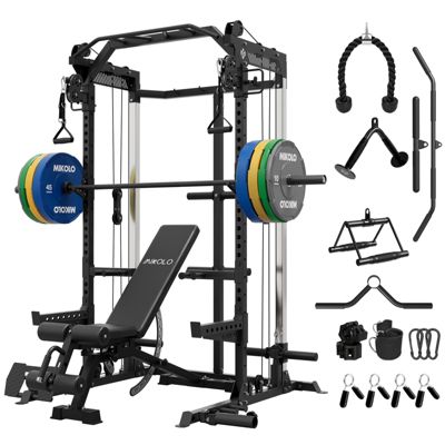 Power Cage, 2000LB Squat Rack, Dual Pulley Cable Crossover System, Multi-function Free Weight Home Gym Workout Machine with Attachments