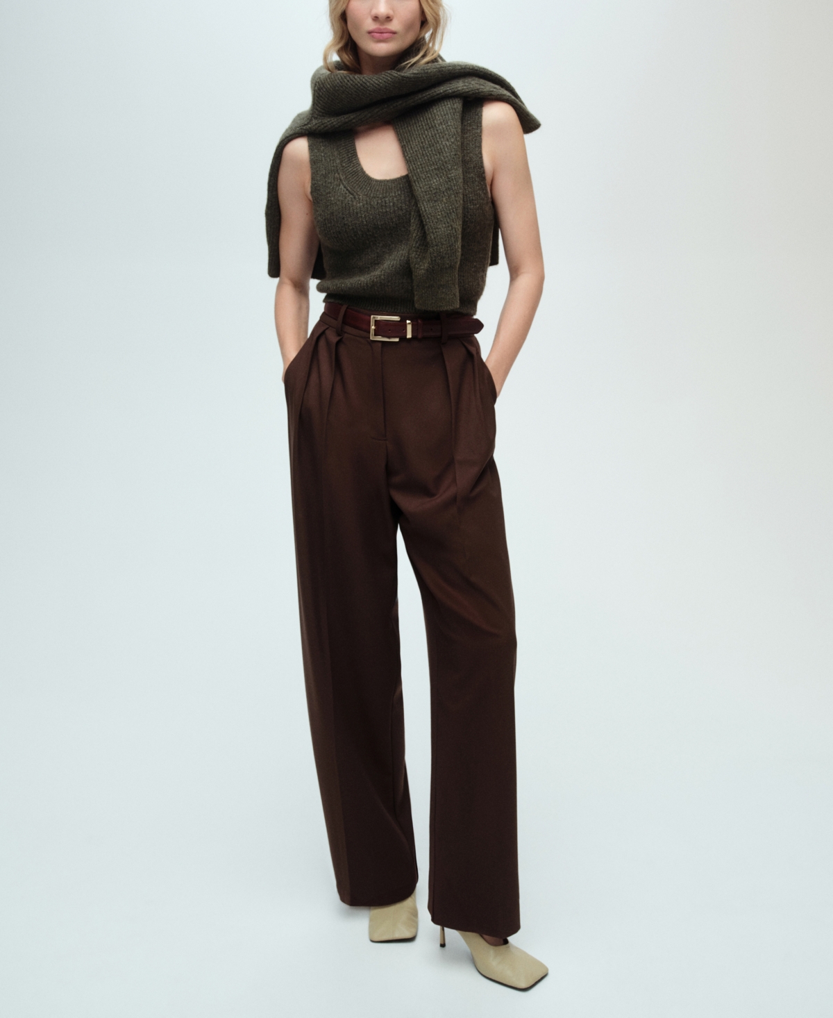 Mango Erizo Crop Knit Tank In Khaki