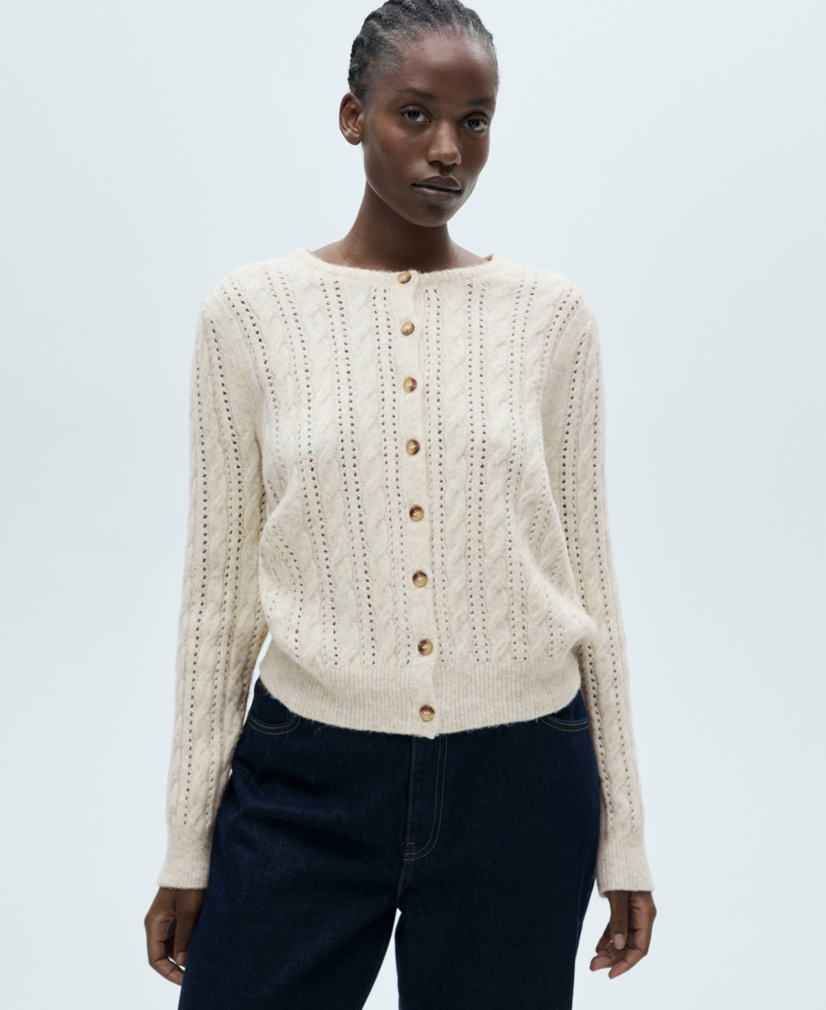 Mango Openwork Braided Cardigan In Ecru