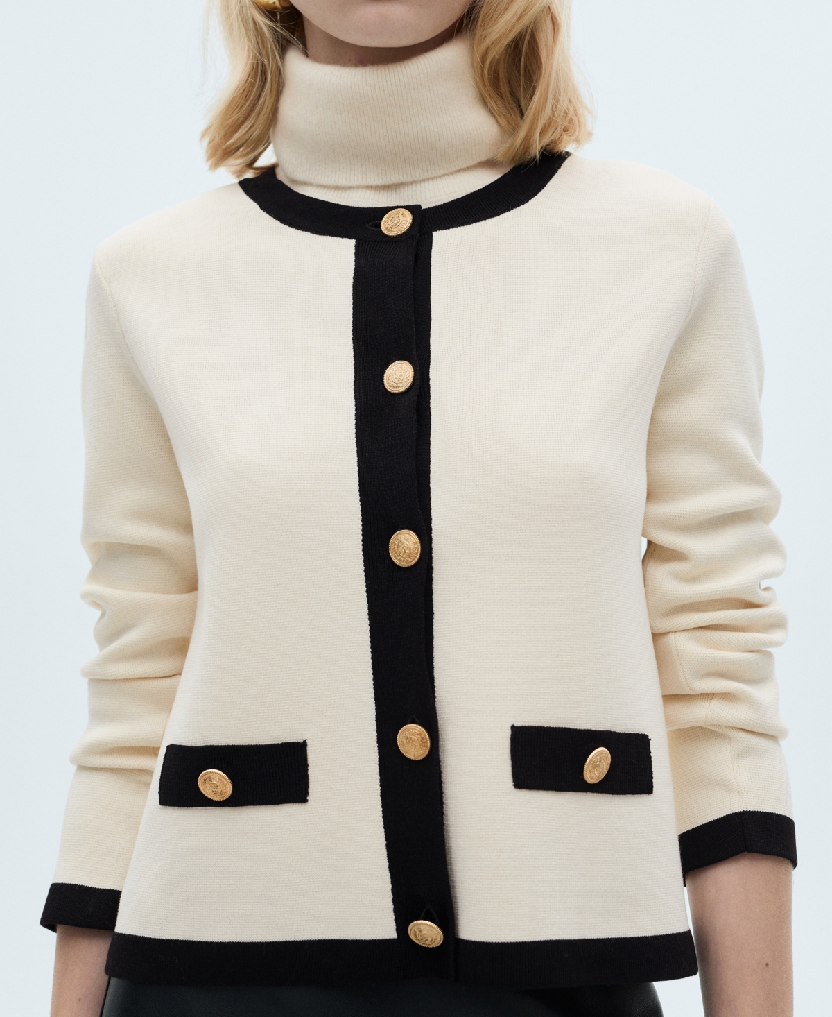 Mango Contrast Trim Short Sleeve Cardigan In Ecru