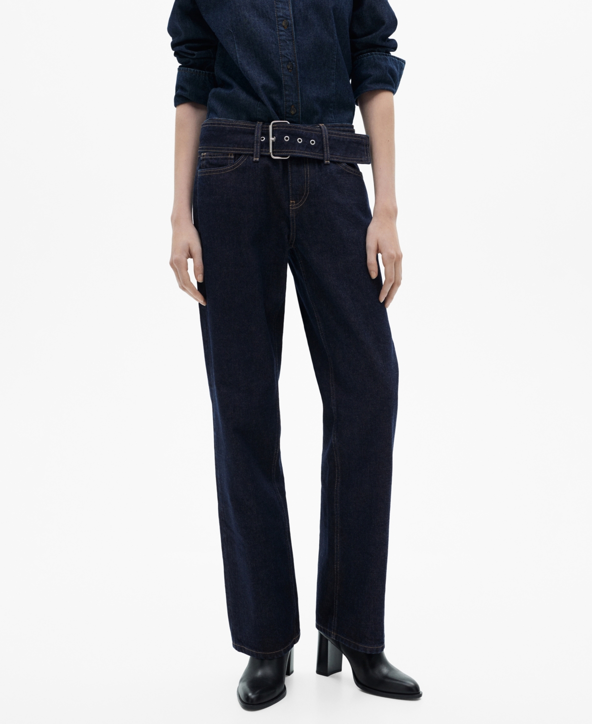 Shop Mango Women's Belted Low-rise Straight Jeans In Open Blue