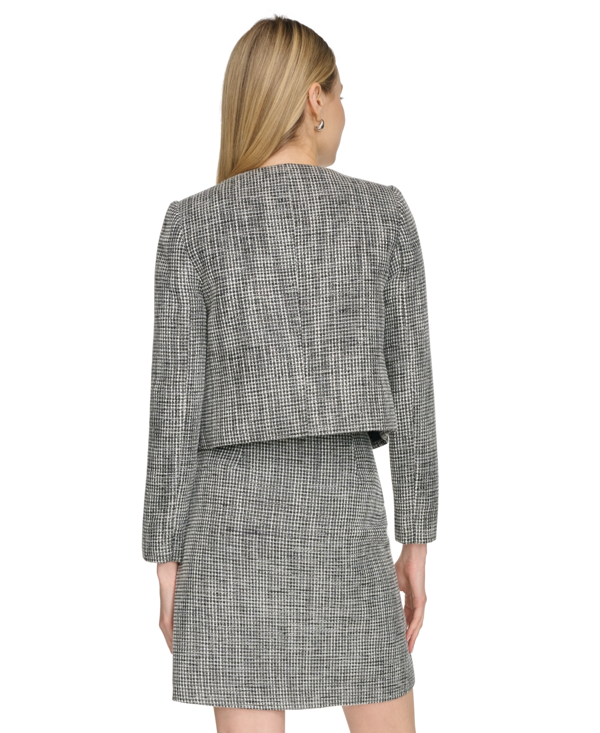Calvin Klein Petite Collarless Long-sleeve Cropped Jacket In Black,cream