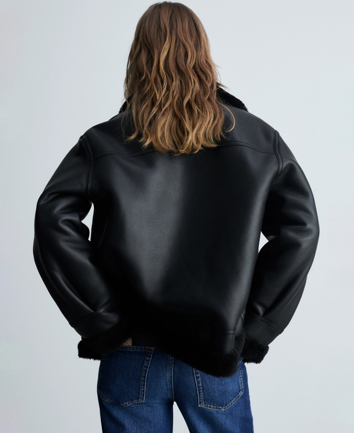 Mango Faux Leather Moto Jacket With Faux Fur Lining In Black