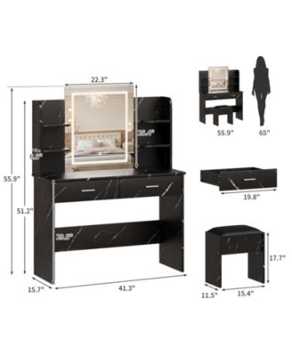 Vanity Desk With Lighted Mirror, Makeup Vanity Set With Power Outlet, Cushioned Stool, Vanity Table With 6 Storage Shelves, 2 Large Drawers and 3 Color Light Adjustable Brightness