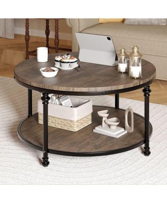 Coffee Table Round Center Table with Storage Shelf Wooden Circle Coffee Table with Sturdy Metal Legs Rustic 2-Tier Industrial Accent Center Table