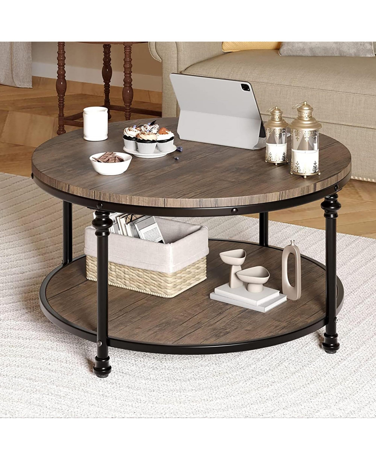 gaomon Coffee Table Round Center Table with Storage Shelf Wooden Circle Coffee Table with Sturdy Metal Legs Rustic 2-Tier Industrial Accent Center Tab