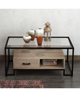 Coffee Table Tempered Glass Top, Rectangle Center Table with Drawers and Storage Shelf, Industrial Glass Top Accent Table for Home Living Room, Apartment, Office