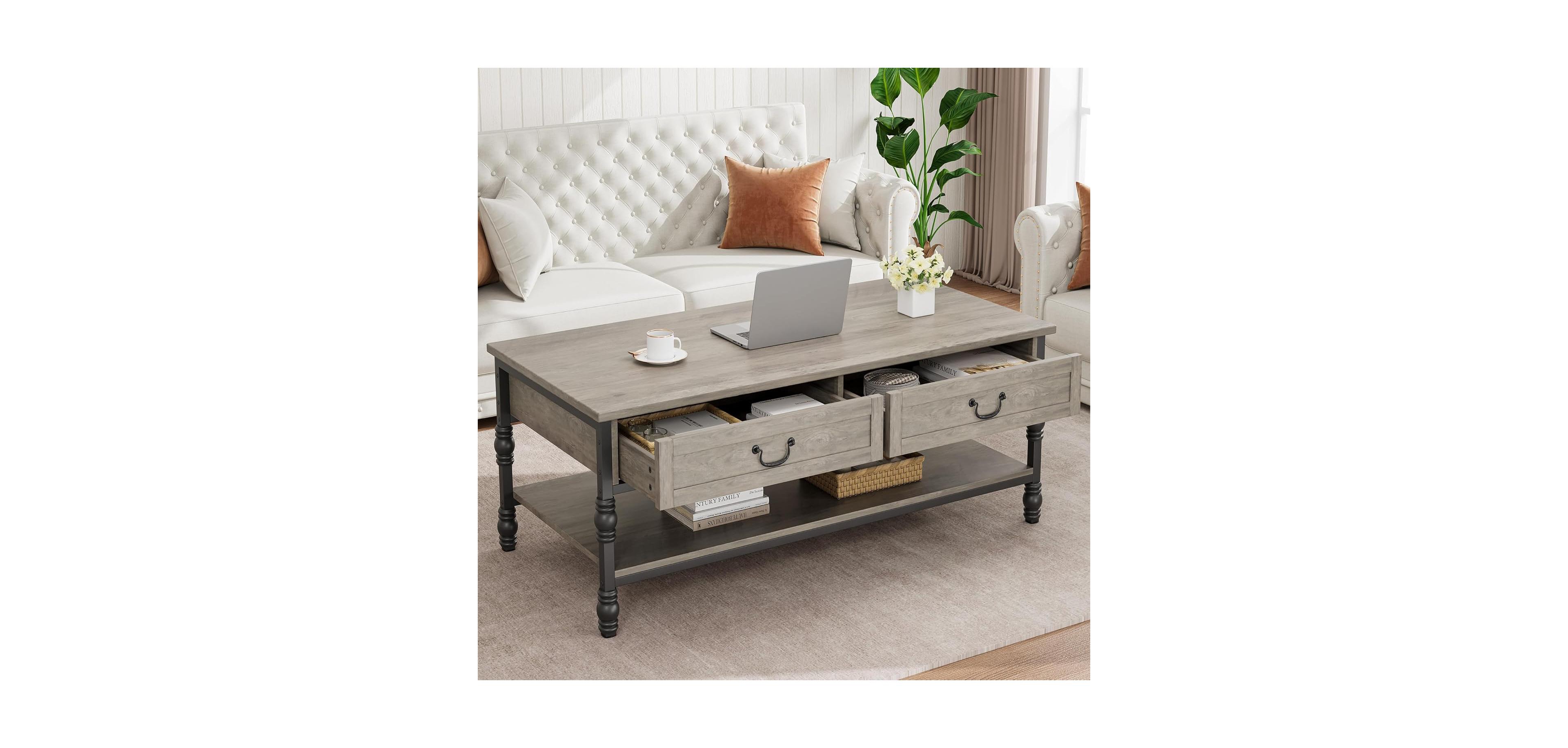 gaomon Coffee Table with Drawers, 41" Large Center Table with Storage Rectangular Cocktail Table, Mid Century Wooden Coffee Tables, Retro Living Room