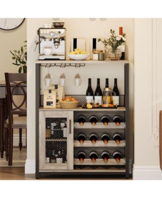 3-Tier Wine Bar Cabinet with LED Lights, Detachable Wine Rack and Storage Space,Grey