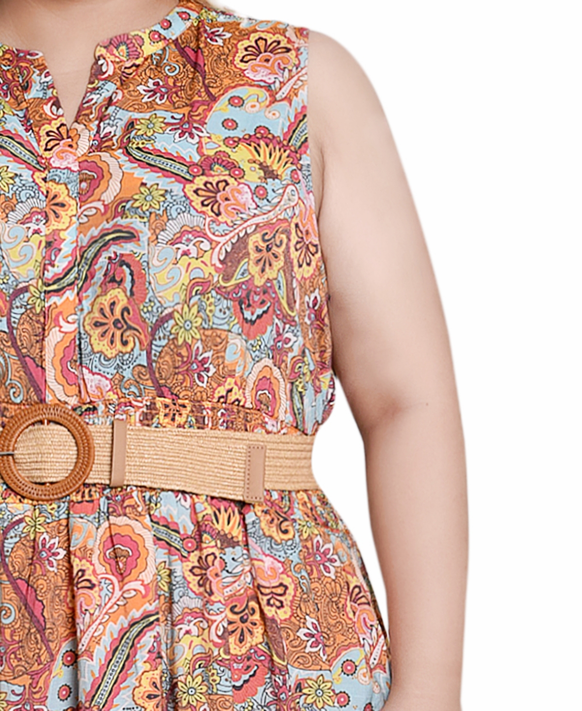 Shop Ny Collection Plus Size Sleeveless Belted Midi Dress In Orange Mint Vines