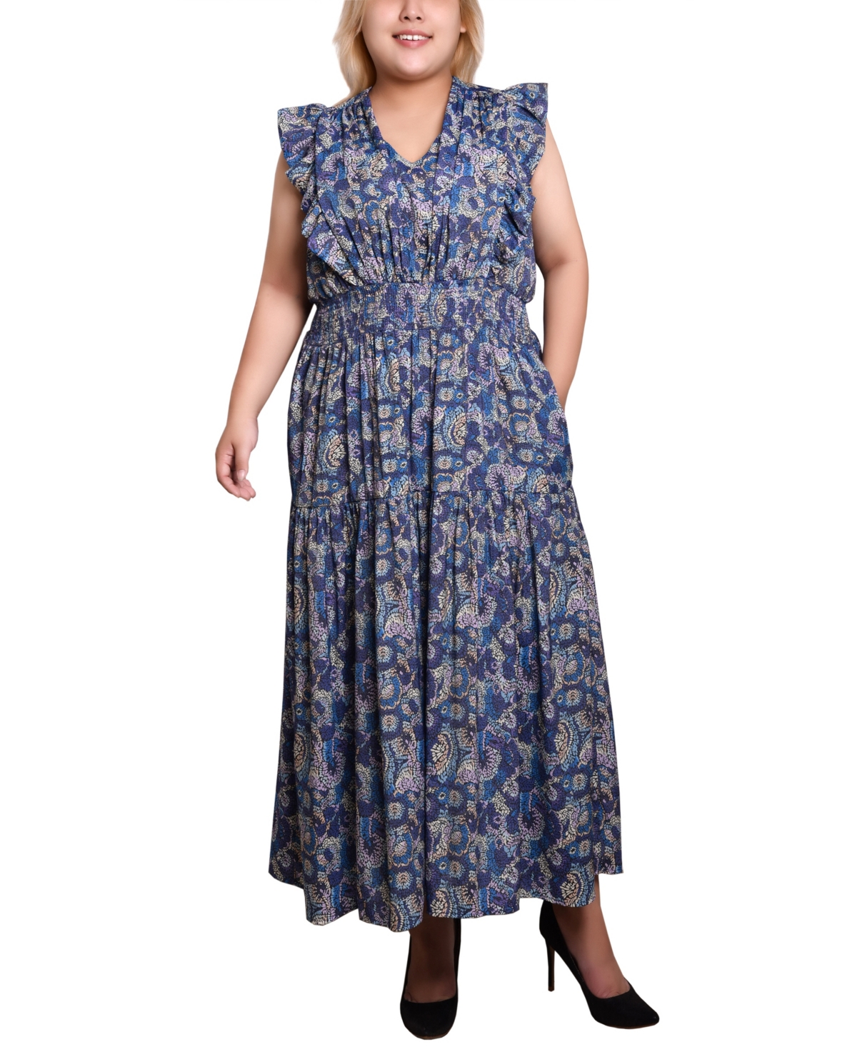 NY COLLECTION PLUS SIZE FLUTTER SLEEVE MIDI DRESS 
