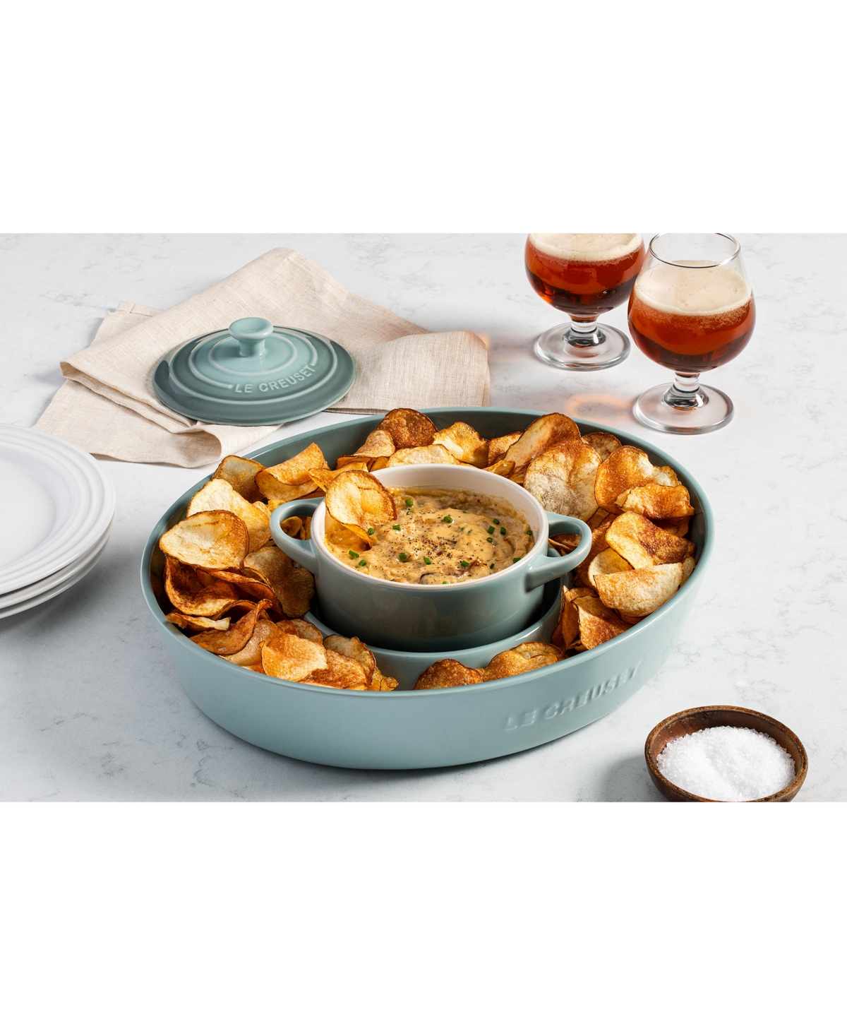 Le Creuset Stoneware Oval 13" Chip And Dip Platter In Sea Salt