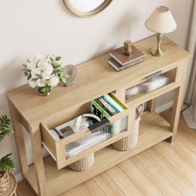 43'' Wood Narrow Glass Drawers 2 Tier Sofa Table Entryway Console Table