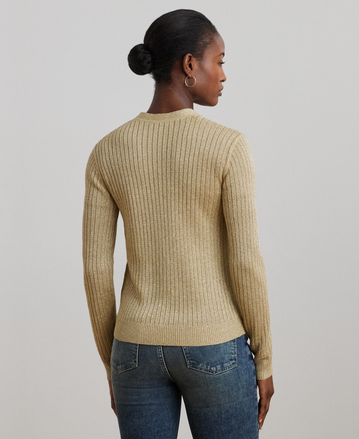 Ralph Lauren Metallic Linen-blend Rib-knit Cardigan In Mineral Gold
