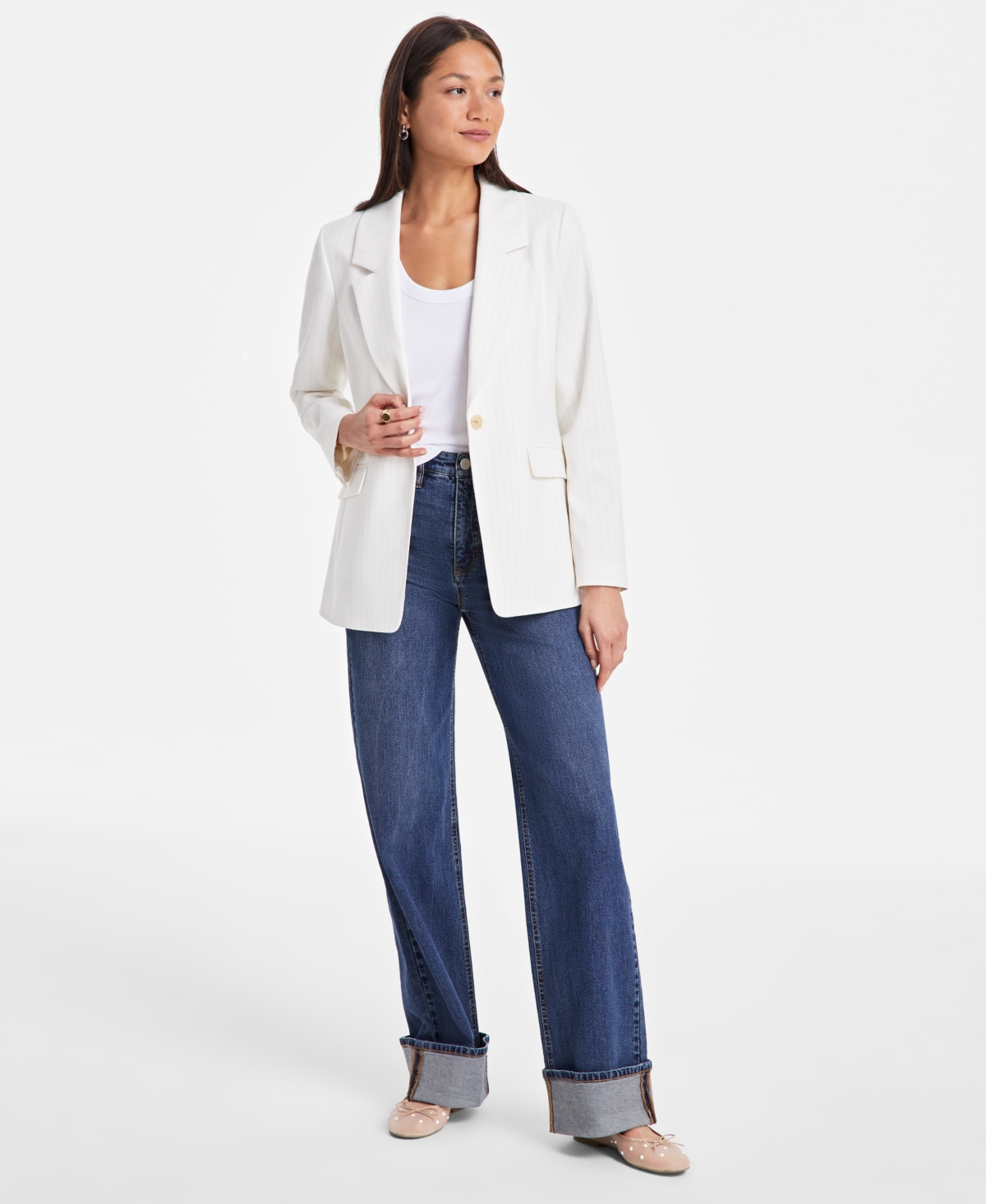 Shop On 34th Women's Pinstripe Boyfriend Blazer, Exclusively At Macy's In Neutral Pinstripe