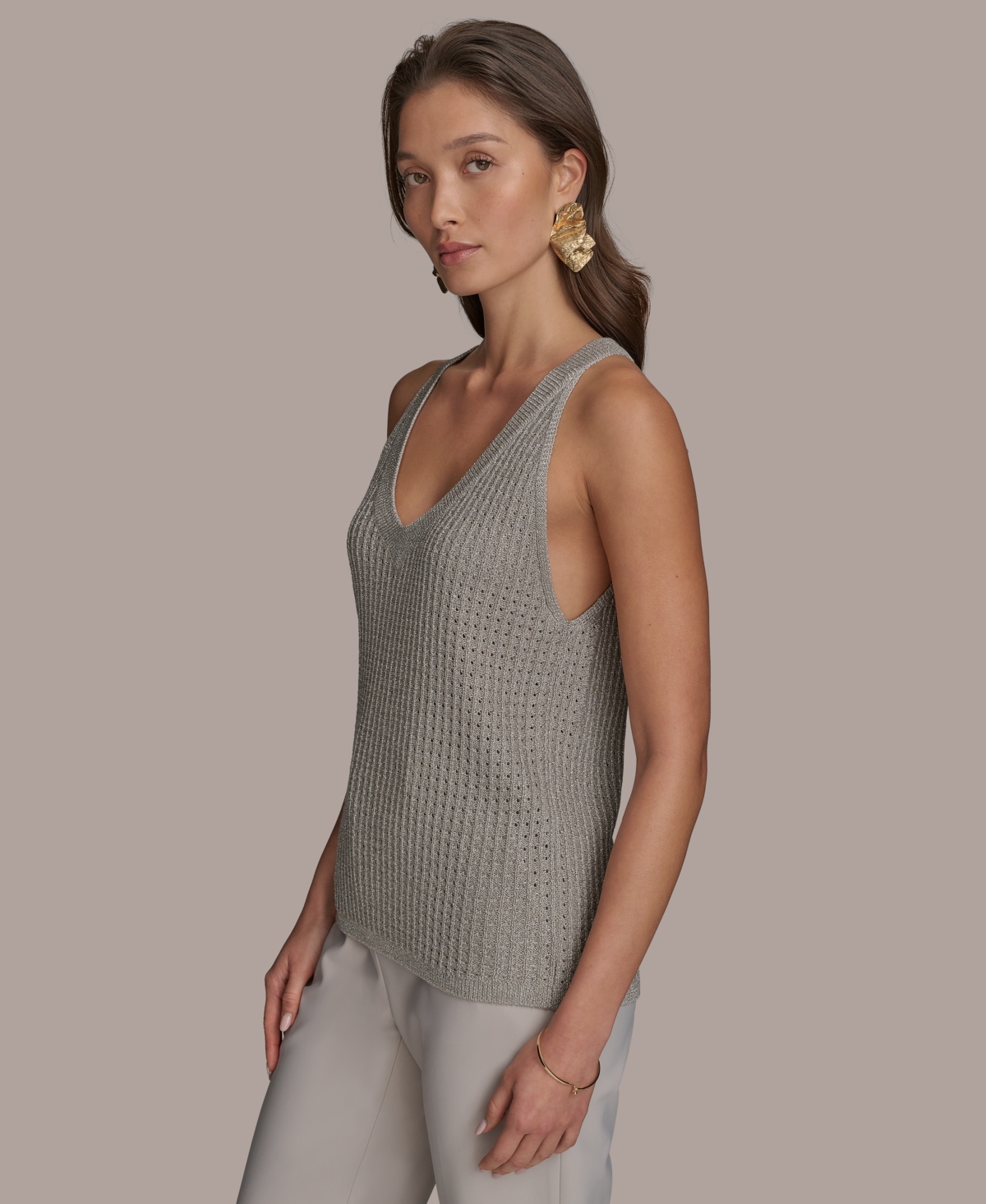 DONNA KARAN WOMEN'S METALLIC OPEN-WEAVE SWEATER TANK 