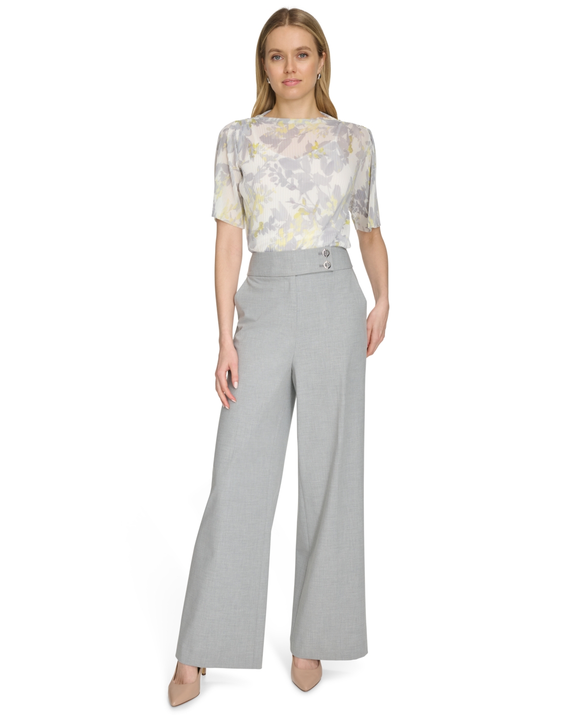 Calvin Klein Petite High-rise Wide-leg Pants In Light Heather Multi