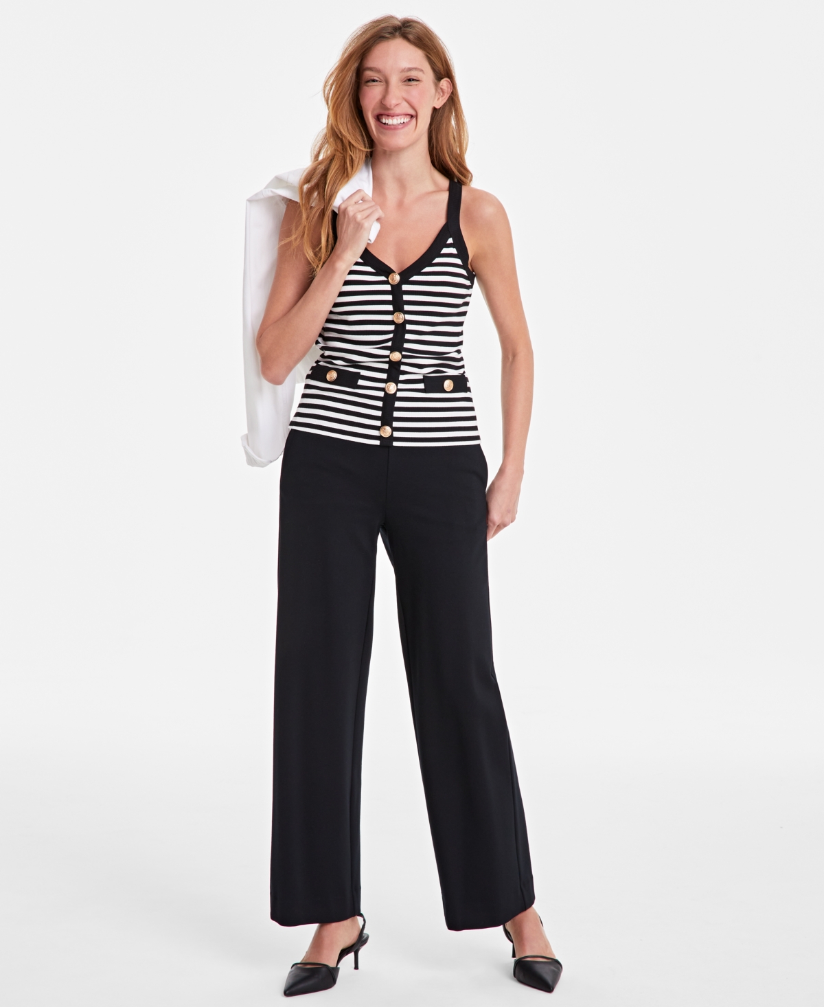 On 34th Women's Striped Knit Button Tank Top, Exclusively At Macy's In Deep Black Combo