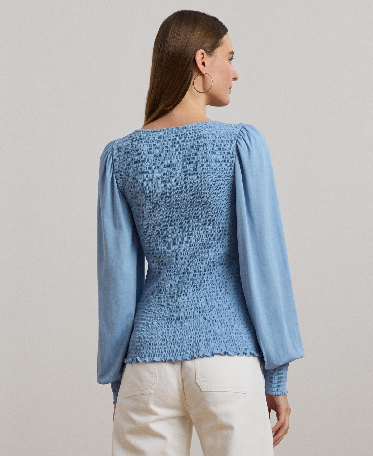 RALPH LAUREN WOMEN'S SMOCKED JERSEY BLOUSON-SLEEVE TOP 