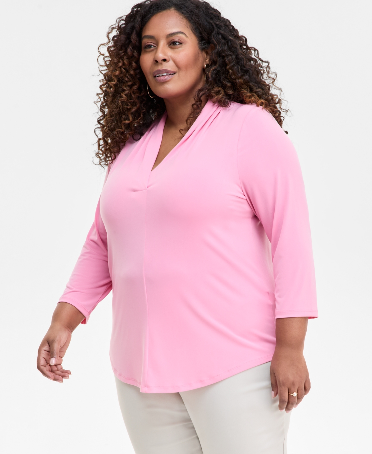 JM COLLECTION PLUS SIZE SOLID V-NECK 3/4-SLEEVE TOP, EXCLUSIVELY AT MACY'S 
