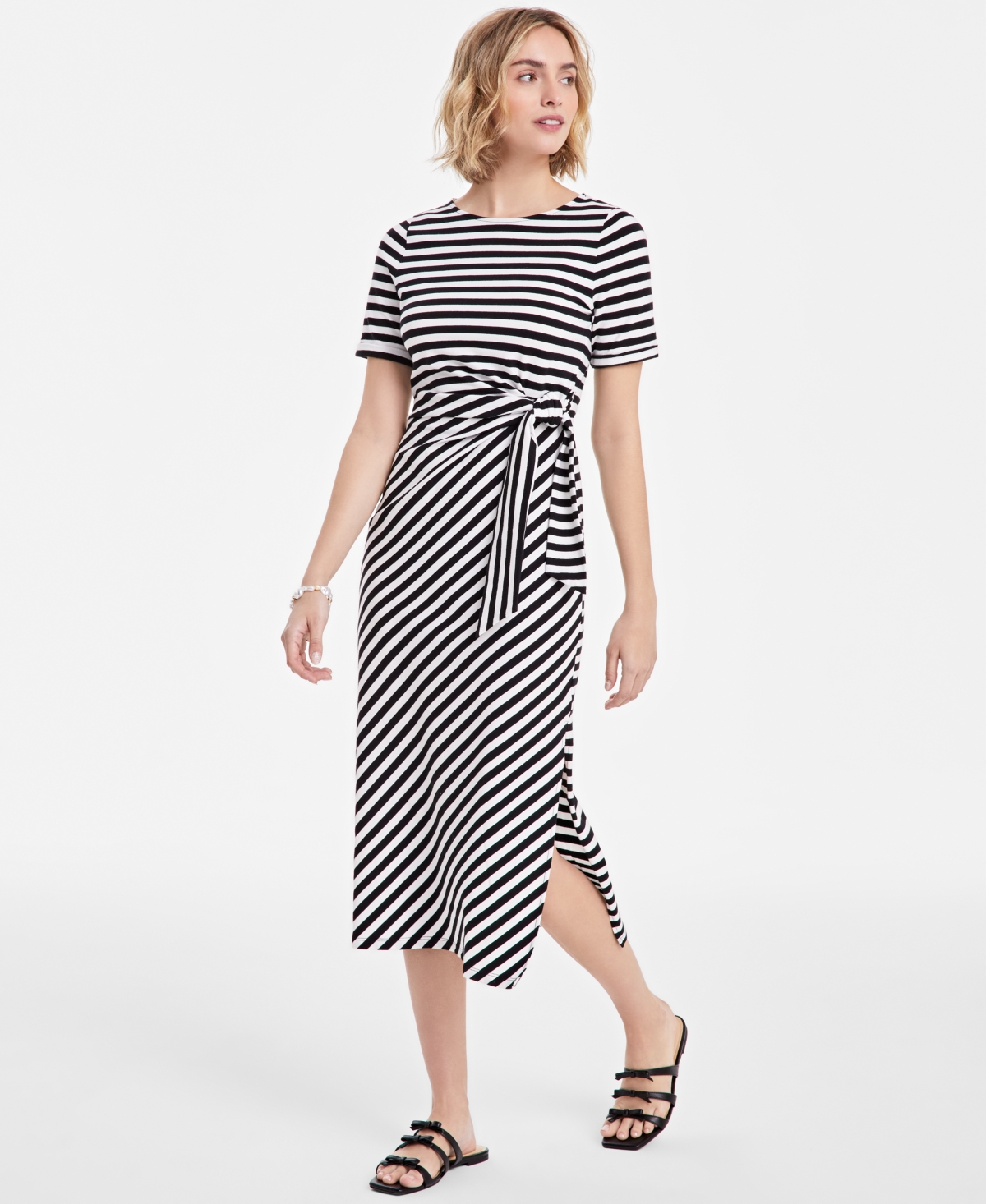 On 34th Womens Striped Tie Waist Midi Dress Exclusively At Macys Xxs 3x In Deep Black