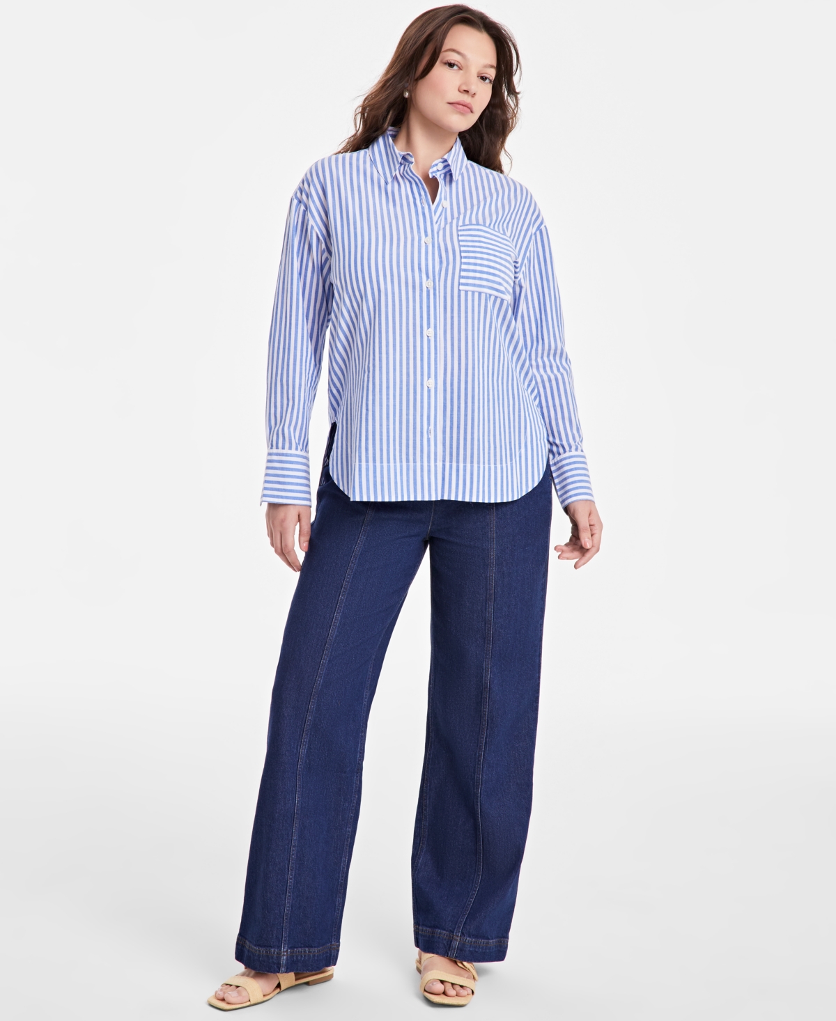 On 34th Women's Cotton Striped Button-front Shirt, Exclusively At Macy's In Seaport Combo
