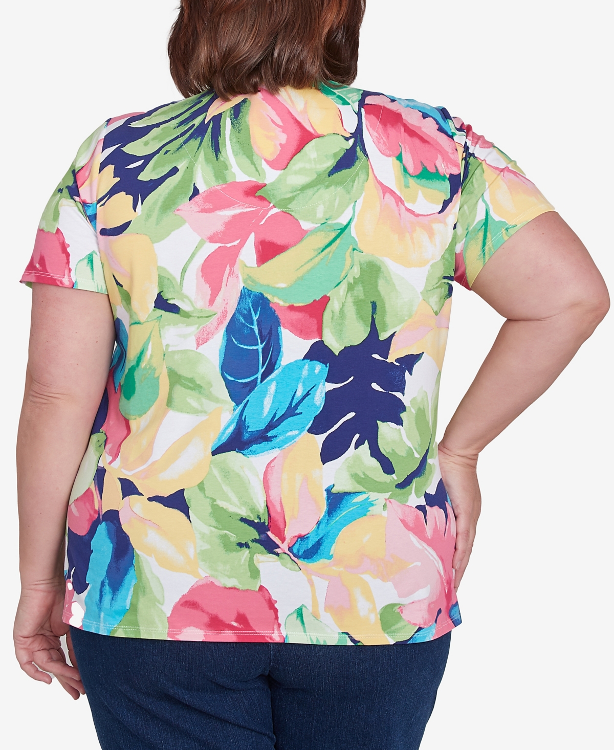Alfred Dunner Plus Size Tropical Leaf Split Beaded Neck Top In Bright