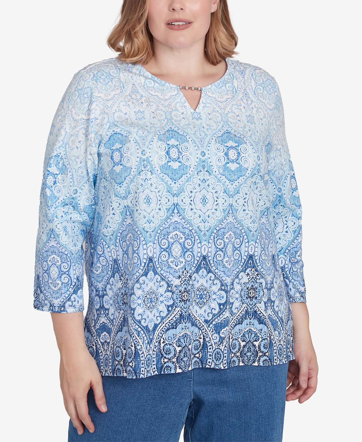 Alfred Dunner Plus Size Classic Split Beaded Neck Ombre Medallion Top In Navy