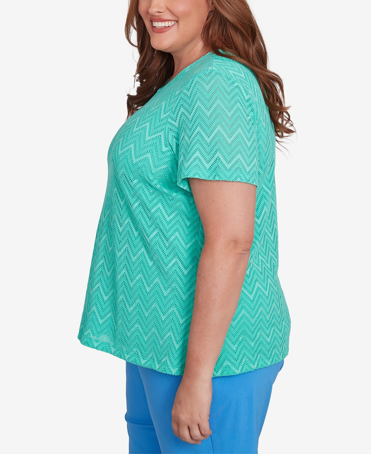 Alfred Dunner Plus Size Classic Textured Chevron Lace Back Tee In Jade