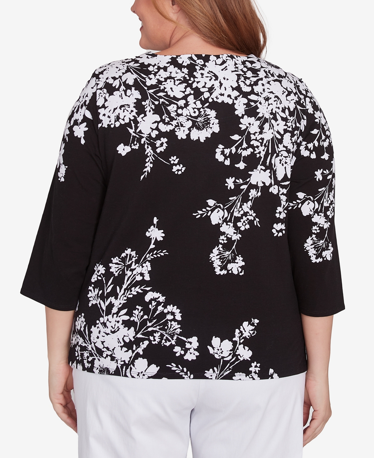 Alfred Dunner Plus Size Classic Asymmetric Floral Monotone Crew Neck Top In Black,white